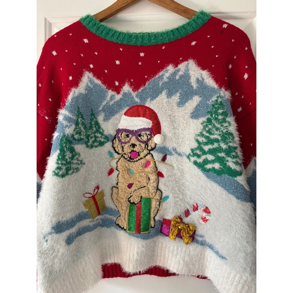 Major Label Group Christmas Sweater Womens L Red Puppy Dog Holiday Sequin Fuzz